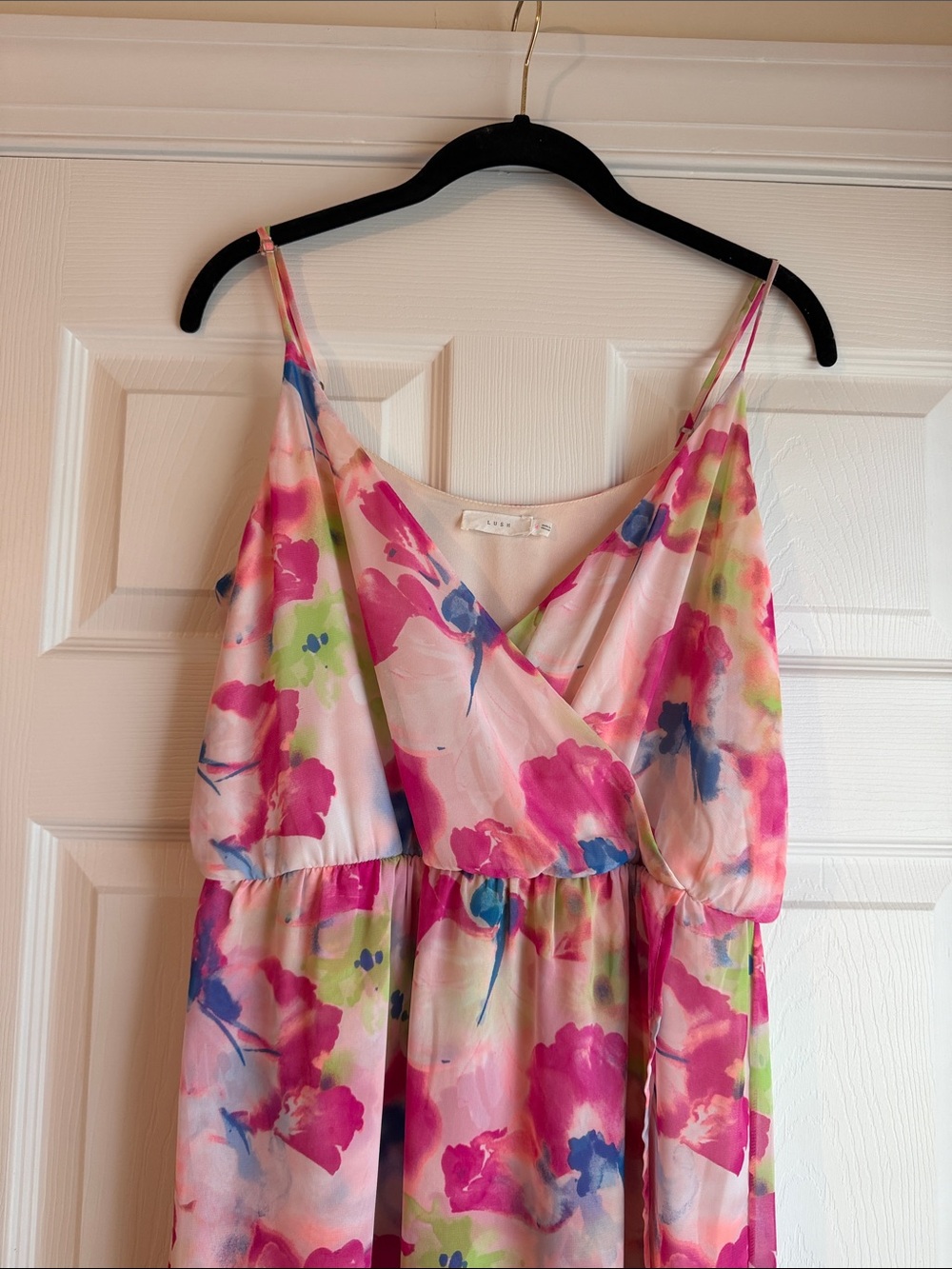 Lush Pink Floral Watercolor V-Neck High Low Maxi Dress - Picture 3 of 5